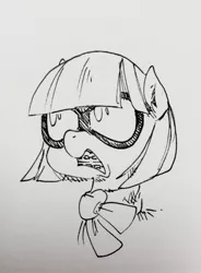 Size: 1898x2583 | Tagged: artist:glacierclear, braces, clothes, derpibooru import, drawthread, glasses, /mlp/, monochrome, photo finish, safe, scarf, solo, traditional art