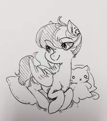 Size: 2346x2648 | Tagged: artist:glacierclear, derpibooru import, doll, drawthread, looking away, /mlp/, monochrome, oc, oc:kitty sweet, pillow, plushie, prone, safe, smiling, solo, toy, traditional art, unofficial characters only