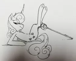 Size: 2899x2307 | Tagged: artist:glacierclear, bedroom eyes, derpibooru import, drawthread, legs in air, lemon hearts, looking at you, /mlp/, monochrome, on back, safe, semi-anthro, smiling, solo, traditional art, twilight scepter