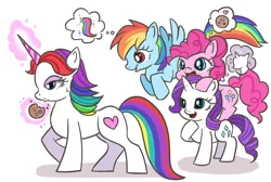 Size: 1024x689 | Tagged: safe, artist:kongyi, derpibooru import, pinkie pie, rainbow dash, rarity, ponified, earth pony, pegasus, pony, unicorn, cookie, crossover, inside out, levitation, magic, pixar, rainbow unicorn, sweatdrop, telekinesis