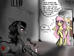 Size: 1024x768 | Tagged: safe, artist:wonderdania, derpibooru import, fluttershy, king sombra, mouse, pony, blushing, dialogue, dungeon, frown, key, necklace, nervous, prone, raised hoof, scar, shackles, shy, spread wings