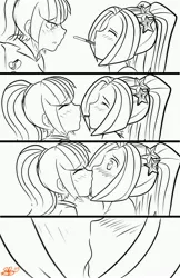 Size: 3369x5200 | Tagged: safe, artist:xxxsketchbookxxx, derpibooru import, aria blaze, sonata dusk, equestria girls, arisona, comic, female, kissing, lesbian, monochrome, partial color, pocky, pocky game, sharing food, shipping