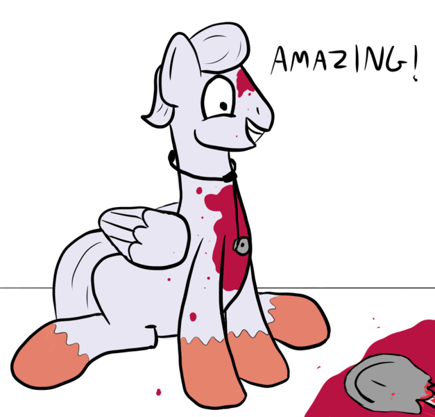 Size: 916x876 | Tagged: artist:bojangleee, artist needed, bird pone, blood, bone, creepy, derpibooru import, disembodied hoof, oc, oc:archimedes, semi-grimdark, smiling, solo, stethoscope, unofficial characters only