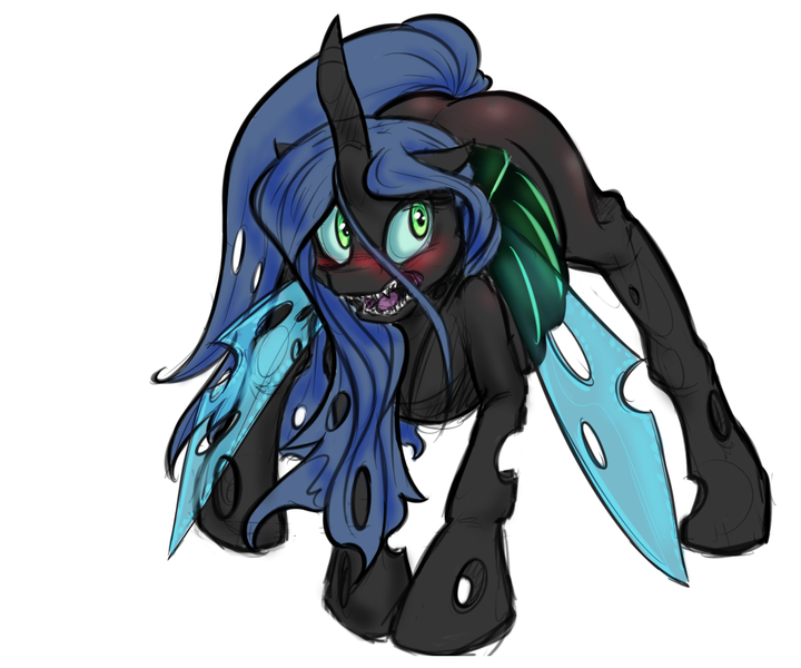 Size: 1200x1000 | Tagged: artist:asadama, bend over, blushing, bugbutt, butt, changeling, colored, derpibooru import, fangs, plot, queen chrysalis, solo, suggestive