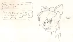 Size: 2513x1440 | Tagged: artist:chronicle23, baka, blushing, bow, derpibooru import, dialogue, hair bow, implied anon, monochrome, offscreen character, portrait, rainbow dash, safe, solo, speech bubble, traditional art, tsundere