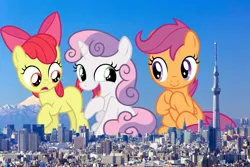 Size: 3000x2000 | Tagged: safe, artist:masem, artist:newlunaticrepublic, artist:theotterpony, derpibooru import, apple bloom, scootaloo, sweetie belle, pony, building, city, cute, cutie mark crusaders, giant pony, giantess, growth, highrise ponies, irl, japan, looking at each other, looking down, macro, mountain, open mouth, photo, ponies in real life, raised hoof, sitting, sky, skyscraper, this will end in death, this will end in tears, this will end in tears and/or death, tokyo