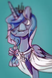 Size: 682x1024 | Tagged: safe, artist:abgeschlossen, derpibooru import, princess luna, depth of field, eyes closed, smiling, solo