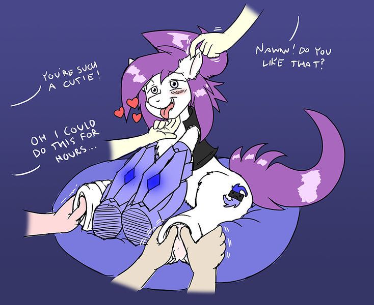 Size: 917x750 | Tagged: questionable, artist:caroo, derpibooru import, oc, oc:rae mix, unofficial characters only, blushing, cute, disembodied hand, ear scratch, heart, hoof fetish, massage, tickling, tongue out