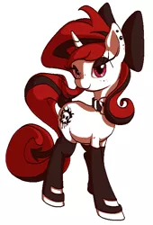 Size: 489x721 | Tagged: safe, artist:gezawatt, artist:shydale edits, derpibooru import, edit, oc, oc:lilith, unofficial characters only, pony, succubus, unicorn, bedroom eyes, boots, clothes, collar, colored, cutie mark, digital art, earring, eyeshadow, female, freckles, gloves, latex, leggings, looking at you, makeup, mare, piercing, plump, ribbon, shading, solo, stockings, tail