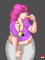 Size: 1024x1365 | Tagged: artist:kerodash, big breasts, breasts, busty pinkie pie, chubby, cleavage, clothes, derpibooru import, fat, female, human, humanized, ice lolly, looking at you, midriff, obese, pinkie pie, plump, popsicle, pudgy pie, solo, solo female, suggestive, suggestive eating