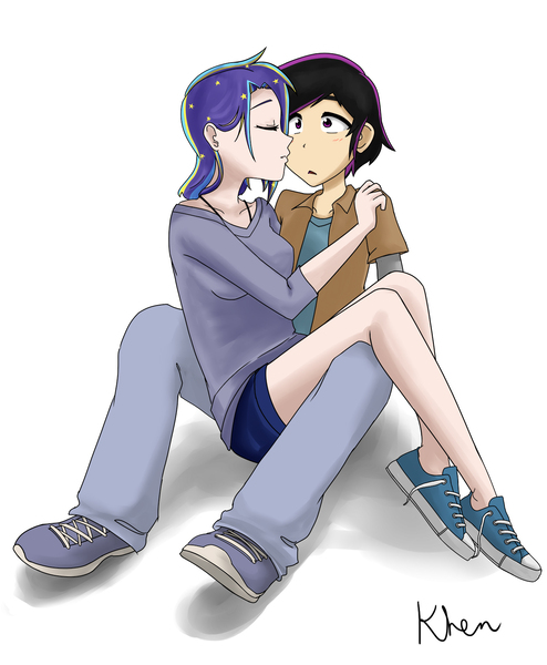 Size: 1310x1592 | Tagged: safe, artist:kprovido, derpibooru import, stellar eclipse, oc, oc:night lark, human, blushing, canon x oc, converse, humanized, humanized oc, kissing, kiss on the cheek, shipping, shoes, stellarnight