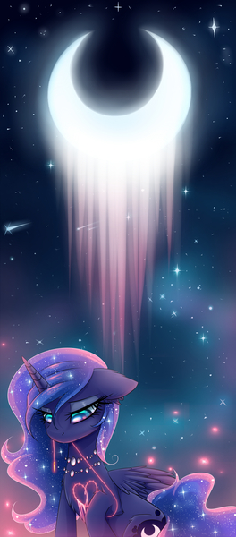 Size: 3000x6816 | Tagged: semi-grimdark, artist:magnaluna, derpibooru import, princess luna, alicorn, pony, abstract background, blood, female, heart, mare, moon, necklace, needle, sad, solo, starry night, stitches, thread