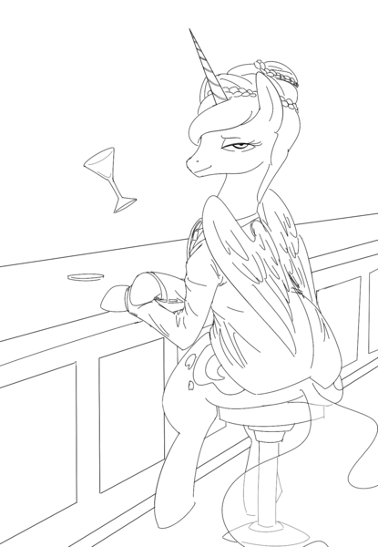 Size: 1181x1706 | Tagged: alternate hairstyle, artist:nobody, bar, bedroom eyes, clothes, derpibooru import, lineart, looking at you, magic, martini, monochrome, princess luna, safe, sitting, solo, suit, telekinesis