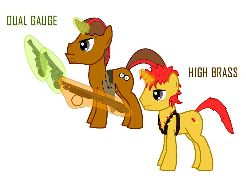 Size: 800x600 | Tagged: bandolier, derpibooru import, fallout equestria, fallout equestria: sweet child of mine, father and son, gun, holster, hoofberg 590, oc, oc:dual gauge, oc:high brass, pistol, revolver, safe, shotgun, simple background, s&m model 29, text, transparent background, unofficial characters only, vector