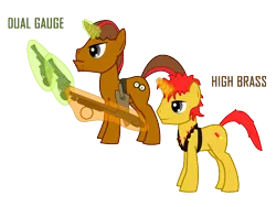 Size: 800x600 | Tagged: bandolier, derpibooru import, fallout equestria, fallout equestria: sweet child of mine, father and son, gun, holster, hoofberg 590, oc, oc:dual gauge, oc:high brass, pistol, revolver, safe, shotgun, simple background, s&m model 29, text, transparent background, unofficial characters only, vector