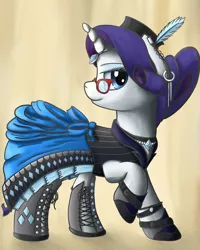 Size: 3200x4000 | Tagged: artist:niegelvonwolf, boots, clothes, derpibooru import, dress, earring, feather, glasses, piercing, rarity, safe, shoes, solo, steampunk