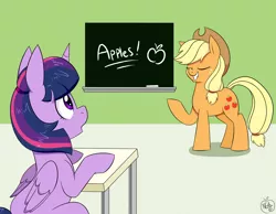 Size: 1800x1400 | Tagged: safe, artist:notenoughapples, derpibooru import, applejack, twilight sparkle, twilight sparkle (alicorn), alicorn, pony, chalkboard, fascinating, female, mare, that pony sure does love apples