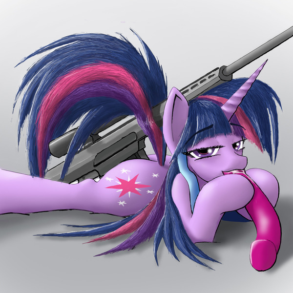 Size: 1280x1280 | Tagged: artist:laaseensld, ask twilight spankle, barrett m82, bedroom eyes, derpibooru import, dildo, drool, female, gun, implied blowjob, implied oral, implied sex, looking at you, messy mane, prone, questionable, raised tail, rifle, sex toy, smiling, solo, solo female, twilight sparkle, weapon