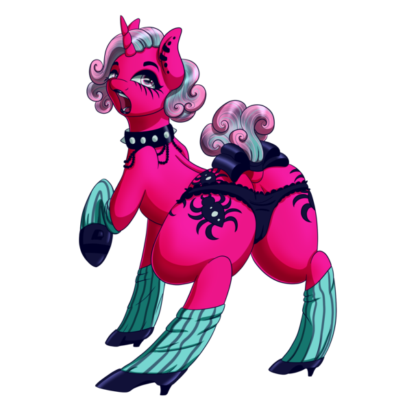 Size: 2029x2117 | Tagged: questionable, artist:askamberfawn, derpibooru import, oc, oc:punky spiders, unofficial characters only, earth pony, pony, anus, attitude, black lipstick, bow, cameltoe, choker, clothes, dock, ear piercing, earring, goth, lace, lipstick, looking back, nudity, open mouth, panties, piercing, pinup, plot, punk, raised hoof, shoes, simple background, simplistic anus, socks, solo, spiked choker, striped socks, tail bow, transparent background, underwear