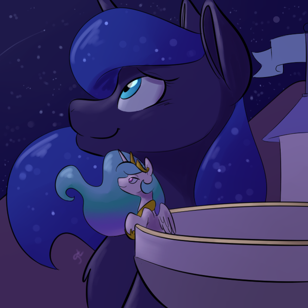 Size: 700x700 | Tagged: safe, artist:goat train, deleted from derpibooru, derpibooru import, princess celestia, princess luna, alicorn, pony, balcony, canterlot, canterlot castle, female, giant pony, giantess, leaning, lidded eyes, looking up, macro, mare, night, night sky, sisters, size difference, smiling, stargazing, stars