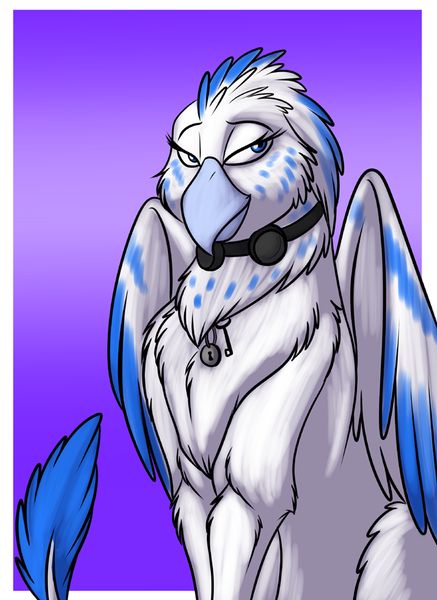 Size: 655x900 | Tagged: safe, artist:foxenawolf, derpibooru import, oc, oc:techbird sunbeak, unofficial characters only, gryphon, fanfic:a different perspective, blue eyes, blue feathers, fanfic art, female, goggles, solo