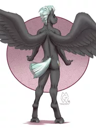 Size: 3000x4000 | Tagged: anthro, artist:mykegreywolf, ass, derpibooru import, large wings, looking at you, looking back, male, nudity, plot, smiling, solo, solo male, spread wings, suggestive, thunder buns, thunderbutt, thunderlane, unguligrade anthro, wings