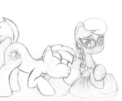 Size: 500x415 | Tagged: artist:mlp-pregnancy-is-magic, cute, derpibooru import, eyes closed, female, kissing, male, monochrome, mother spoon, nuzzling, older, pregnant, prone, safe, shipping, silver spoon, silverstrike, smiling, straight, strike, traditional art