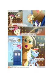 Size: 3541x5016 | Tagged: safe, artist:gashiboka, derpibooru import, applejack, doctor whooves, pinkie pie, rainbow dash, rarity, roseluck, time turner, pony, comic:recall the time of no return, comic, crossover, doctor who, male, patreon, patreon logo, pointy ponies, stallion, tardis