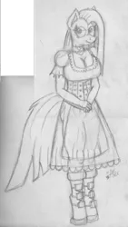 Size: 672x1188 | Tagged: anthro, artist:mane-shaker, boots, breasts, busty pinkie pie, clothes, corset, derpibooru import, female, looking at you, monochrome, pinkamena diane pie, pinkie pie, safe, sketch, skirt, solo, traditional art