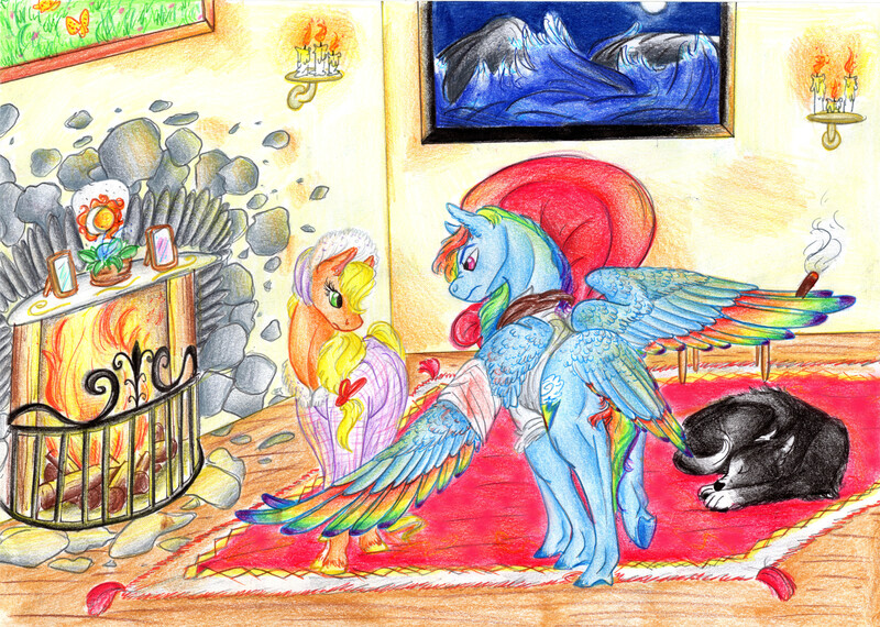 Size: 6000x4276 | Tagged: safe, artist:dawn22eagle, derpibooru import, applejack, rainbow dash, dog, absurd resolution, appledash, armchair, candle, carpet, cigar, crossover, female, fireplace, hatless, hooves, jane eyre, lesbian, missing accessory, mr rochester, painting, rainbow feathers, shipping, tail feathers, wings