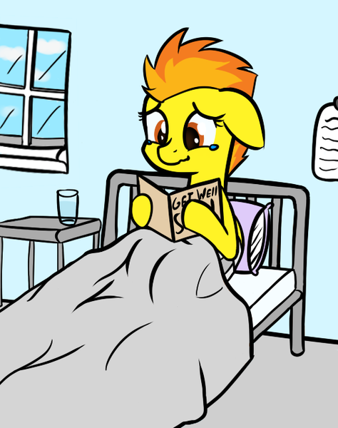 Size: 509x644 | Tagged: artist:lux, bandage, bed, blanket, card, crying, cup, cute, derpibooru import, floppy ears, hnnng, hospital, injured, pillow, safe, sitting, smiling, solo, spitfire, table, tears of joy, wavy mouth, window