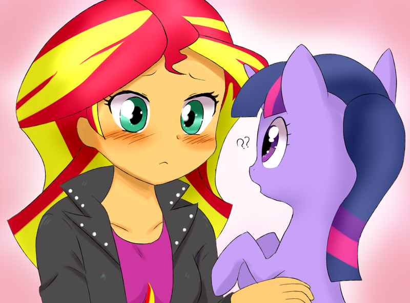 Size: 900x666 | Tagged: safe, artist:dambitail, derpibooru import, sunset shimmer, twilight sparkle, human, pony, unicorn, equestria girls, :<, blushing, confused, cute, female, holding a pony, implied shipping, interspecies, lesbian, shimmerbetes, shipping, sunsetsparkle, weapons-grade cute