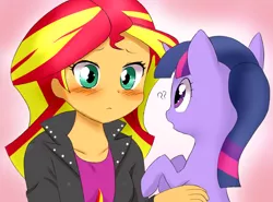 Size: 900x666 | Tagged: safe, artist:dambitail, derpibooru import, sunset shimmer, twilight sparkle, human, pony, unicorn, equestria girls, :<, blushing, confused, cute, female, holding a pony, implied shipping, interspecies, lesbian, shimmerbetes, shipping, sunsetsparkle, weapons-grade cute