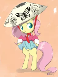 Size: 1888x2500 | Tagged: safe, artist:dambitail, derpibooru import, fluttershy, pony, bipedal, clothes, hat, skirt, solo