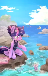 Size: 1024x1611 | Tagged: suggestive, artist:siagia, derpibooru import, applejack, pinkie pie, rainbow dash, spike, twilight sparkle, fish, semi-anthro, unicorn, alternate hairstyle, arm hooves, beach, book, cliff, clothes, female, one-piece swimsuit, open mouth, sea anemone, solo, sukumizu, swimsuit