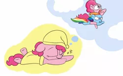 Size: 1280x800 | Tagged: artist:dambitail, derpibooru import, dream, floppy ears, flying, hat, nightcap, pinkie pie, rainbow dash, safe, sleeping, underhoof, zzz