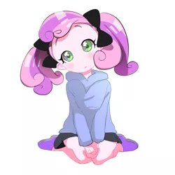 Size: 1000x1000 | Tagged: anime, artist:quizia, clothes, cute, derpibooru import, diasweetes, hoodie, human, humanized, looking at you, quizia is trying to murder us, safe, skirt, solo, style emulation, sweetie belle