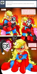 Size: 1601x3200 | Tagged: safe, artist:blackbewhite2k7, derpibooru import, applejack, pinkie pie, app-el, applepie, ask, comic, commission, crossover, female, fire, harley quinn, kissing, kryptonite, lesbian, lipstick, prank, rescue, shipping, superman, supermare, tongue out, tumblr