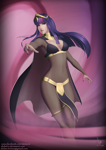 Size: 877x1240 | Tagged: artist:deilan12, belly button, breasts, cape, cleavage, clothes, cosplay, costume, crossover, derpibooru import, female, fire emblem, fire emblem: awakening, human, humanized, nail polish, see-through, solo, solo female, suggestive, tharja, twilight sparkle