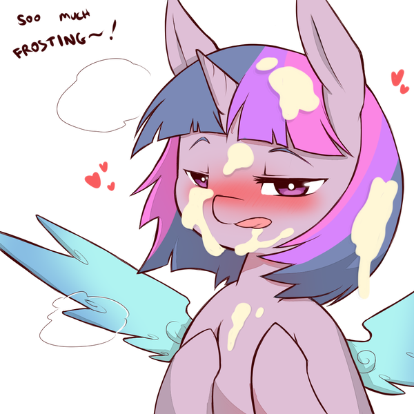 Size: 1200x1200 | Tagged: suggestive, artist:cold-blooded-twilight, derpibooru import, twilight sparkle, cold blooded twilight, blushing, explicit source, female, frosting, heart, solo, solo female, tongue out, wingboner, wings