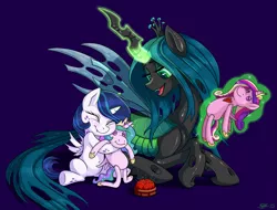 Size: 1523x1157 | Tagged: safe, artist:sorcerushorserus, derpibooru import, princess cadance, princess celestia, queen chrysalis, oc, oc:pharomona, alicorn, changeling, changeling queen, changepony, hybrid, pony, unicorn, alicorn oc, belly button, blue background, blushing, crossbreed, cute, cutealis, doll, eyes closed, family, female, filly, foal, happy, hug, implied shining chrysalis, interspecies offspring, levitation, magic, mommy chrissy, mother and daughter, needle, next generation, ocbetes, offspring, parent:queen chrysalis, parent:shining armor, parents:shining chrysalis, pincushion, prone, simple background, sitting, smiling, telekinesis, toy, voodoo doll