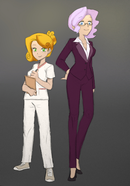 Size: 1024x1458 | Tagged: artist:kianamai, artist:mrs89fluffy, business suit, derpibooru import, human, humanized, humanized oc, kilalaverse, next generation, nurse outfit, oc, oc:amber lily, oc:creme-de-la-creme, offspring, parent:fancypants, parent:fleur-de-lis, parent:oc:herb, parent:oc:isis quartz, parents:fancyfleur, parents:oc x oc, safe, unofficial characters only