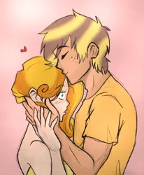 Size: 1024x1245 | Tagged: artist:kianamai, artist:mrs89fluffy, colored, derpibooru import, female, forehead kiss, freckles, heart, human, humanized, humanized oc, kilalaverse, male, next generation, oc, oc:amber lily, oc:golden delicious, oc x oc, offspring, offspring shipping, parent:applejack, parent:caramel, parent:oc:herb, parent:oc:isis quartz, parents:carajack, parents:oc x oc, safe, shipping, straight, unofficial characters only