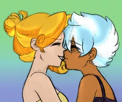 Size: 975x819 | Tagged: artist:kianamai, artist:mrs89fluffy, colored, derpibooru import, female, human, humanized, humanized oc, kilalaverse, kissing, lesbian, next generation, oc, oc:amber lily, oc:whirlwind, oc x oc, offspring, offspring shipping, parent:cloudchaser, parent:oc:herb, parent:oc:isis quartz, parents:oc x oc, parents:thunderchaser, parent:thunderlane, shipping, suggestive, unofficial characters only