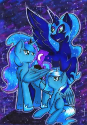 Size: 3256x4655 | Tagged: artist:nana-yuka, cute, derpibooru import, duality, filly, lunabetes, lunar trinity, nightmare moon, princess luna, safe, self ponidox, woona