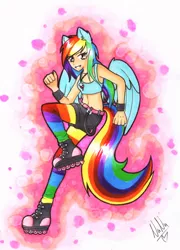 Size: 2292x3182 | Tagged: artist:nana-yuka, belly button, clothes, cutie mark necklace, derpibooru import, eared humanization, human, humanized, midriff, rainbow dash, rollerblades, roller skates, safe, solo, sports bra, tailed humanization, winged humanization