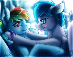 Size: 900x700 | Tagged: safe, artist:inuhoshi-to-darkpen, derpibooru import, firefly, rainbow dash, pegasus, pony, comic:dash academy, dashfly, female, g1, g1 to g4, g4, generation leap, lesbian, looking at each other, mare, shipping, unshorn fetlocks