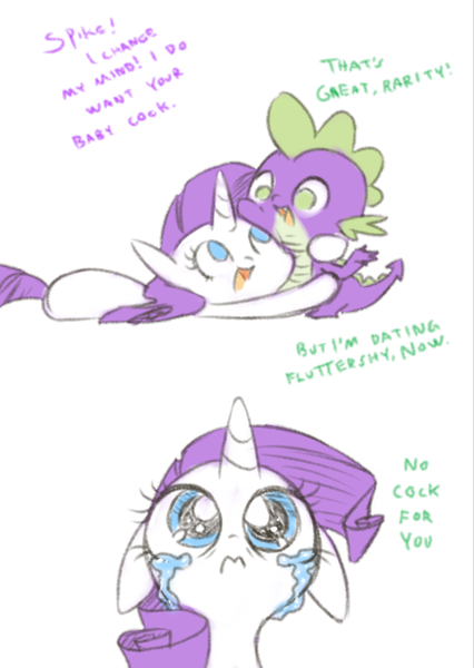 Size: 511x720 | Tagged: questionable, artist:raridashdoodles, derpibooru import, fluttershy, rarity, spike, dragon, pony, unicorn, comic, crying, dialogue, drawthread, eyes on the prize, female, floppy ears, flutterspike, implied foalcon, male, mare, open mouth, prone, rejection, shipping, shipping denied, simple background, straight, vulgar, wavy mouth, white background, wide eyes