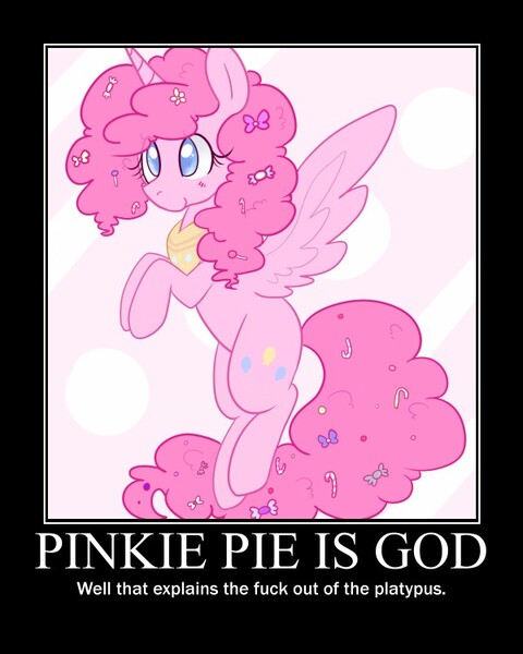 Size: 600x750 | Tagged: safe, artist:pegacornss, derpibooru import, edit, pinkie pie, alicorn, pony, hilarious in hindsight, idolatry, image macro, meme, motivational poster, pinkie pie is god, pinkiecorn, race swap, red vs blue, reference, solo, vulgar, xk-class end-of-the-world scenario