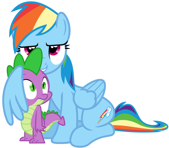 Size: 1018x894 | Tagged: artist:porygon2z, artist:titanium-pony, bedroom eyes, derpibooru import, female, hug, male, rainbow dash, rainbowspike, safe, shipping, simple background, smiling, spike, straight, tonight you, transparent background, vector, vector edit, wing gesture, winghug